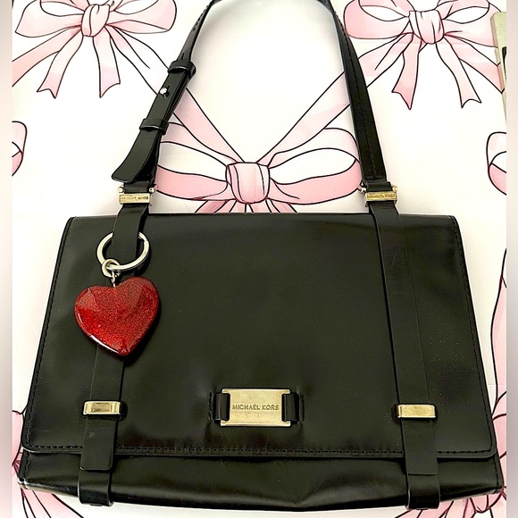 Vintage Michael Kors Black Leather Shoulder Bag with Heart Charm - Picture 1 of 16